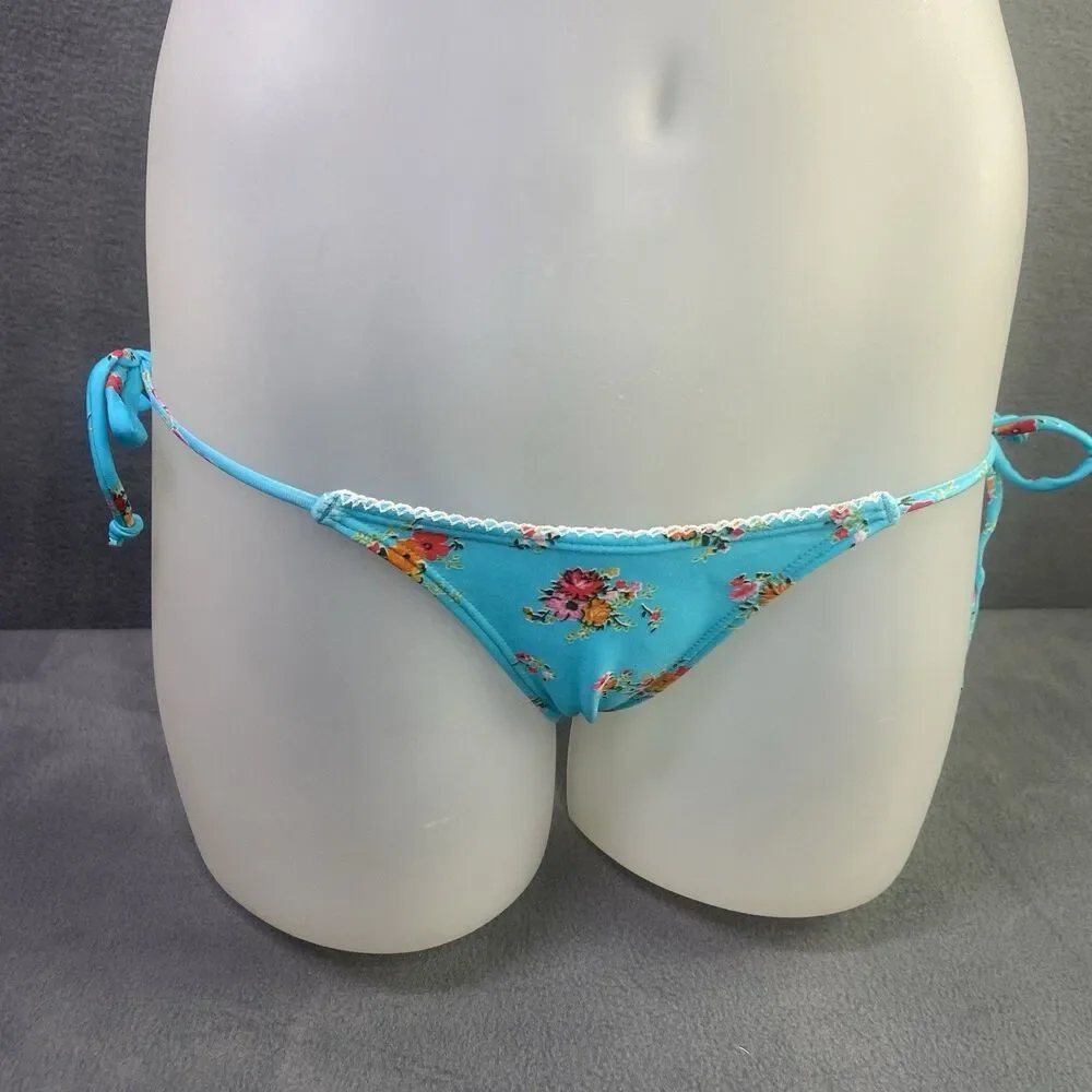 AGUA DOCE Brazilian 2-pc Bikini Size Large Blue Flowers Lace Trim Hip Tie
